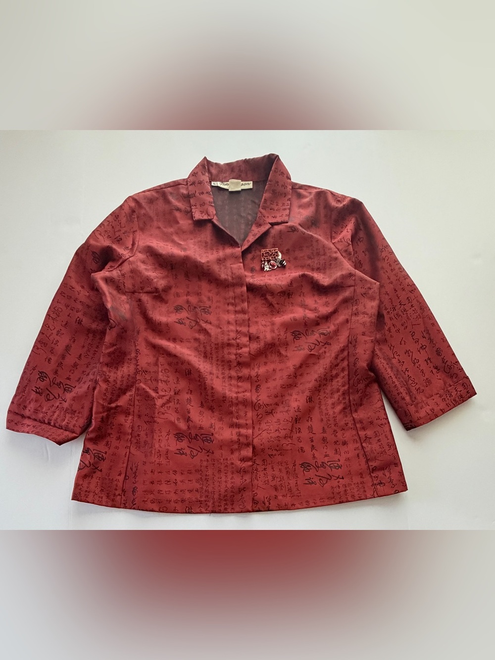 Norm Thompson L Made in USA Red Black Asian Script Collar Button Blouse